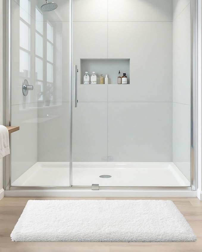 ILANGO White Bathroom Rugs 24" × 17" Non Slip & Super Absorbent Extra Thick Soft, Washable Bath Mat for Floor, Non Shedding Microfiber Plush Shaggy Bath Rug for Bathtub Shower Room Sink