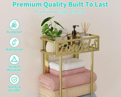 HapiRm Towel Rack Bathroom Storage - 3 Tier Over The Door & Wall Mounted Rolled Towel Racks Holder Organizer with Metal Shelf and 6 Hooks for Small Bathroom, Camper, Rv - Gold