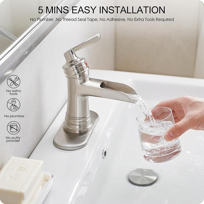 Brass Brushed Nickel Bathroom Faucet 3 Hole 4 Inch Waterfall Bathroom Faucet Single Hole, 1 Handle with Pop-up Drain, Deck Plate, cUPC Supply Pipes for Vanity, Restroom, 5 Mins Quick Install