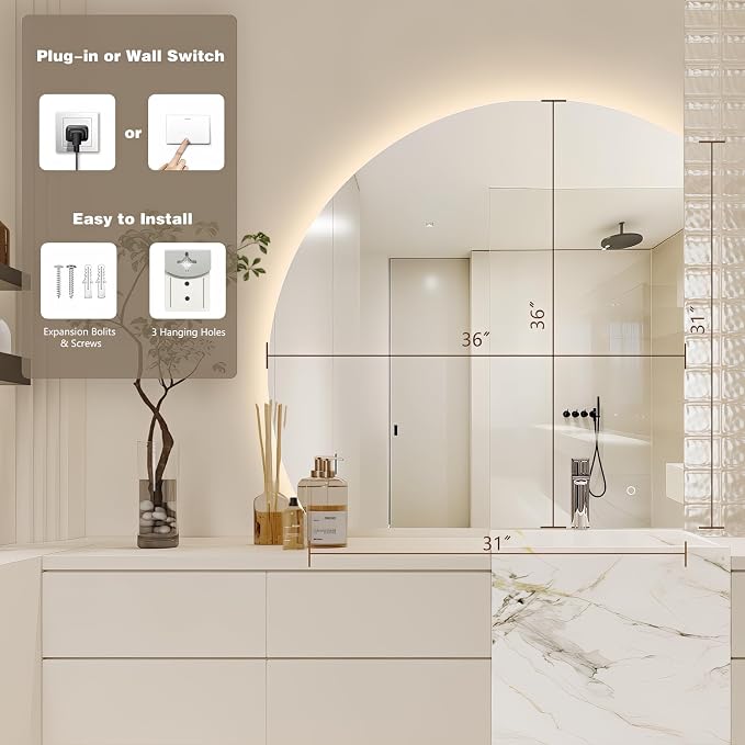 36" Half Moon LED Bathroom Mirror, Backlit Wall Mirror with Lights | Frameless Vanity Mirror with 3 Color Dimmable, Anti Fog, HD Shatter-Proof, IP65 Waterproof, Memory, CRI95+, Right/Left Cut