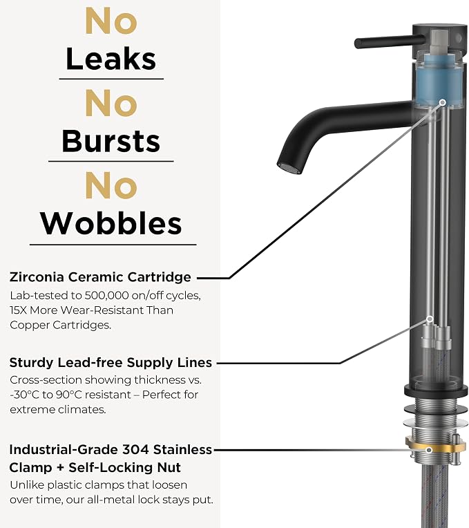 FORIOUS Vessel Sink Faucets Single Handle, Black Tall Bathroom Faucet | for 1 Hole Vessel Sink Only, Modern Faucet with Pop up Drain, for Basin Bowl Vanity Lavatory Residential/Commercial Use