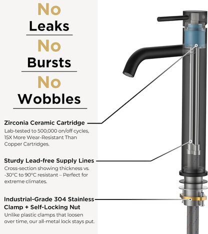 FORIOUS Vessel Sink Faucets Single Handle, Black Tall Bathroom Faucet | for 1 Hole Vessel Sink Only, Modern Faucet with Pop up Drain, for Basin Bowl Vanity Lavatory Residential/Commercial Use