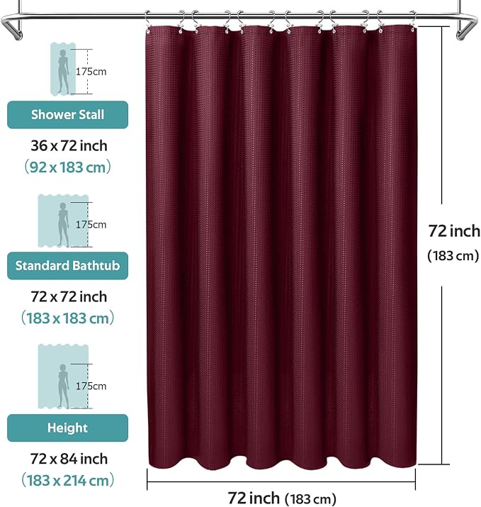 3 in 1 Shower Curtain Set, Waffle Shower Curtain and Liner Set with 12 Double Sided Shower Curtain Hooks, 258GSM Luxury Weighted Cloth Shower Curtains for Bathroom, 72 W x 72 H, Burgundy