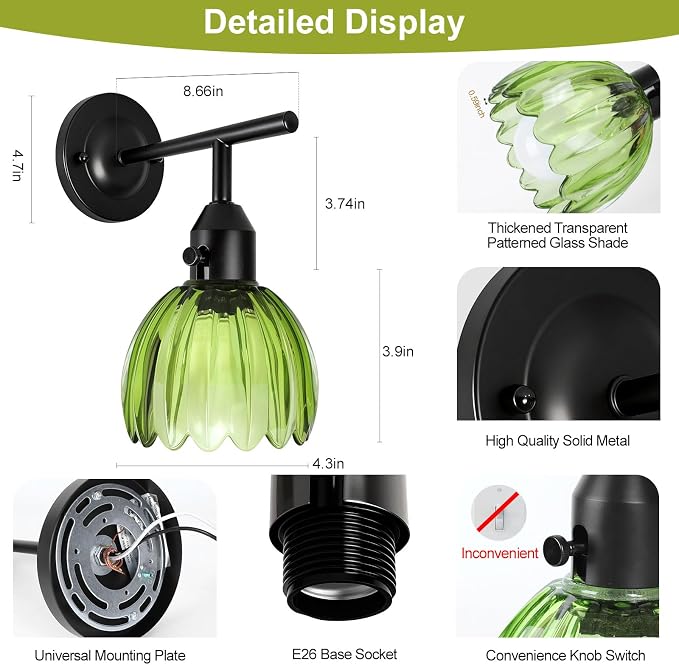 Vintage Wall Sconces Set of 2 with Green Tulip Glass Lampshade, Hardwired and Wireless Wall Mounted Light Fixtures (2 Usage Methods), Black Lamp with Switch for Bedside Bedroom Living Room Wall Decor