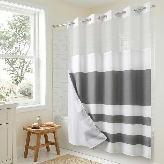 Americanflat 72x75 Hookless Shower Curtain - Water-Resistant Striped Shower Curtain with Sheer Panel, Snap-in Liner, and Durable Grommets - 100% Polyester - Grey and White