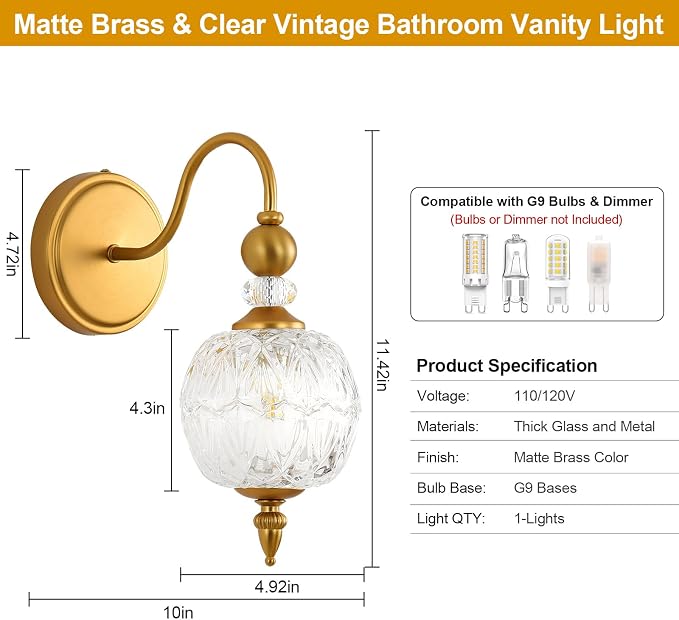 Vintage 1-Light Bathroom Vanity Light Wall Sconces, Matte Brass | Boho Style, Farmhouse Bathroom Decor, Ribbed Glass Shades, G9 base, Wall Mounted, Mid Century Wall Sconces Vanity Lighting