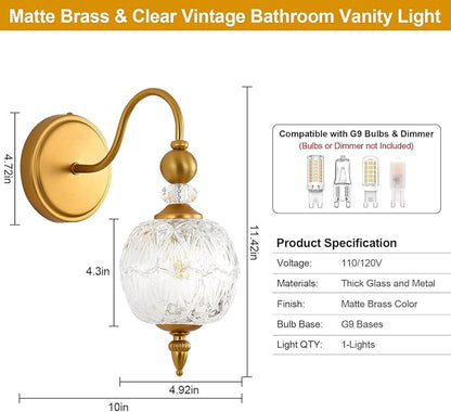 Vintage 1-Light Bathroom Vanity Light Wall Sconces, Matte Brass | Boho Style, Farmhouse Bathroom Decor, Ribbed Glass Shades, G9 base, Wall Mounted, Mid Century Wall Sconces Vanity Lighting