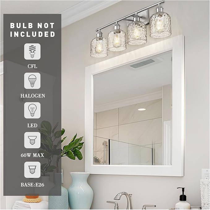 zeyu 27 Inch 4-Light Bathroom Wall Light, Brushed Nickel, ZJF63B-4W BN | Clear Hammered Glass Shade, Over Mirror Vanity Light, Modern Bathroom Lighting