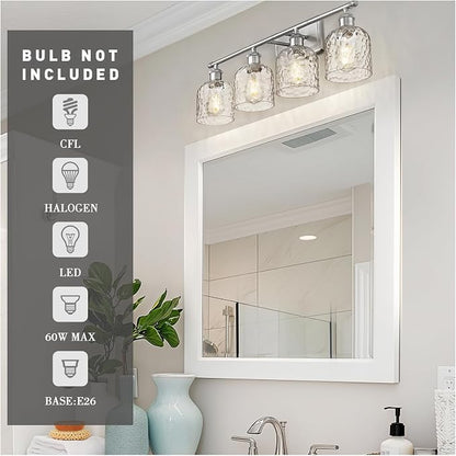 zeyu 27 Inch 4-Light Bathroom Wall Light, Brushed Nickel, ZJF63B-4W BN | Clear Hammered Glass Shade, Over Mirror Vanity Light, Modern Bathroom Lighting