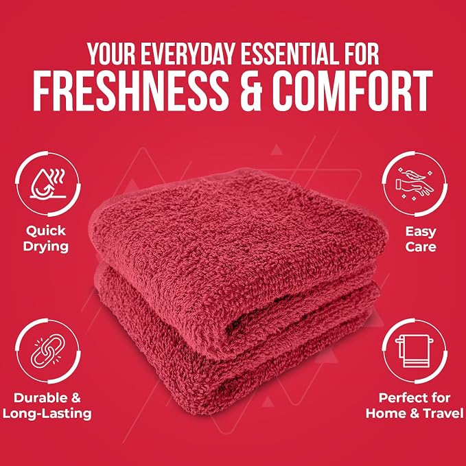 DAN RIVER 24 Pack Cotton Wash Cloths Set for Showering [12x12] Red | Lighter Weight, Quick to Dry, Super Soft & Absorbent Face Towels, Hotel Quality, Perfect for Bathroom, Gym, Spa