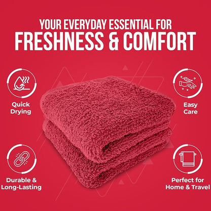 DAN RIVER 24 Pack Cotton Wash Cloths Set for Showering [12x12] Red | Lighter Weight, Quick to Dry, Super Soft & Absorbent Face Towels, Hotel Quality, Perfect for Bathroom, Gym, Spa
