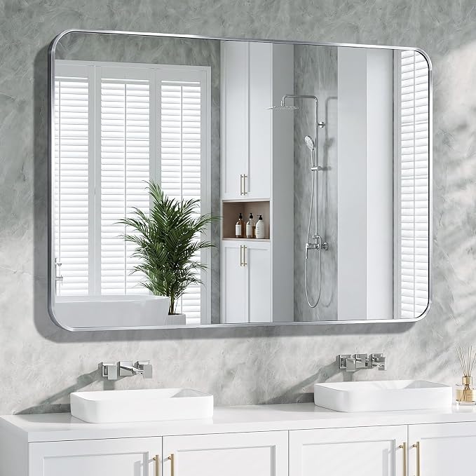Bathroom Mirror for Wall, 30"x48" Black Bathroom Mirror for Over Sink, Shatterproof Tempered Glass Vanity Mirror with Anti-Rust Aluminum Alloy Frame, Hang Horizontally or Vertically, Silver