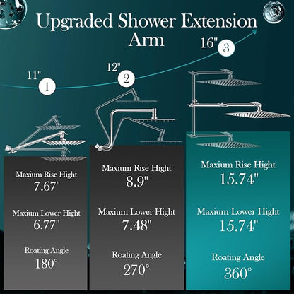 12 Inch Rain Shower Head Combo,5 Spray Handheld with 16" Extension Arm | High Pressure Rainfall Showerhead with Flexible Adjustment of Height/ Angle Upgraded Extender Arm, Anti-leak (Chrome)