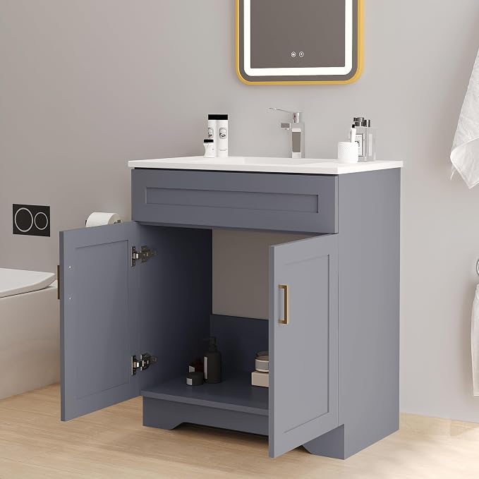 30 Inch Bathroom Vanity, Wooden Double Door Bathroom Sink Storage Cabinet, Freestanding Modern Bathroom Vanity Without Sink (Grey No Sink, 30")