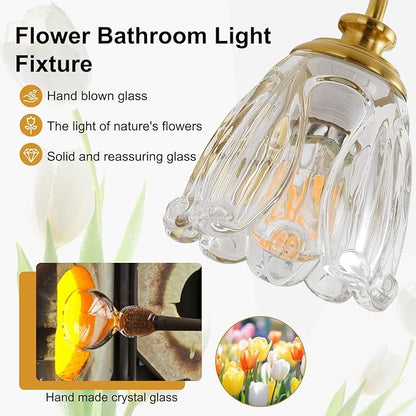 Bathroom Light Fixtures (3-Light), Vintage Brushed Gold Vanity Lights for Bathroom with Clear Tulip Crystal Glass Shade, Vanity Wall Light Over Mirror for Bedroom Living Room Hallway