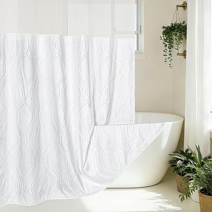 Yinhua No Hook Shower Curtain with Snap in Liner Set, 71" W×74" L, White | Hotel Style with See Through Top Window, Washable Waterproof, Tufted Textured, Hookless Curtain for Bathroom Bathtub