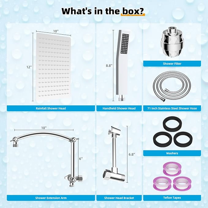 Hibbent All Metal 12'' Filtered Rainfall Shower Head with Handheld Combo, High Pressure Shower Wand, 16'' Adjustable Arc Extension Arm, 20 Stage Shower Filter, 71'' Hose, Shower Head Holder, Chrome
