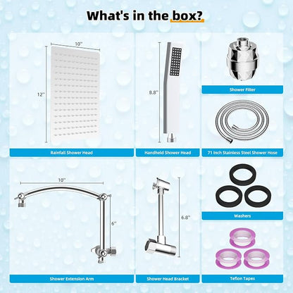 Hibbent All Metal 12'' Filtered Rainfall Shower Head with Handheld Combo, High Pressure Shower Wand, 16'' Adjustable Arc Extension Arm, 20 Stage Shower Filter, 71'' Hose, Shower Head Holder, Chrome
