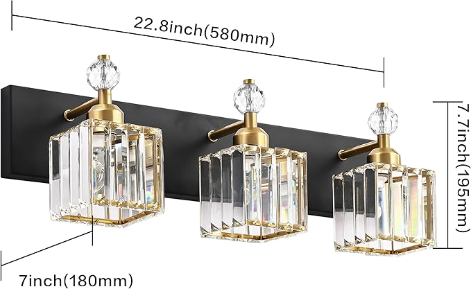 PRESDE 3-Light Crystal Bathroom Vanity Lights Black and Gold Bathroom Lights Fixtures Over Mirror Modern Bath Wall Lighting