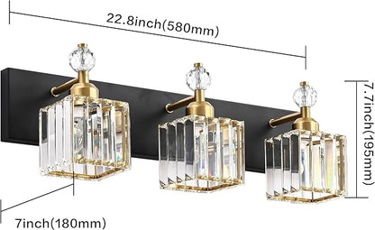 PRESDE 3-Light Crystal Bathroom Vanity Lights Black and Gold Bathroom Lights Fixtures Over Mirror Modern Bath Wall Lighting