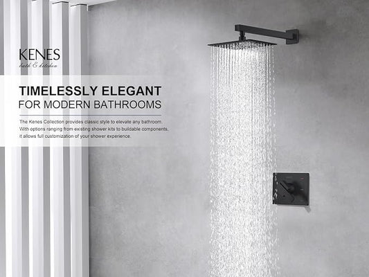 KENES Matte Black Shower Faucet Set, Square Shower Head and Handle Set | Shower Faucet with 10-Inch Rain Shower Head, Square Shower System, Valve Included, Lead-Free cUPC & NSF Certified, Stainless