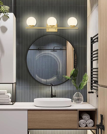 Brushed Brass Bathroom Vanity Light fixtures,24‘’ 3 Lights Modern Globe Glass Shade Wall Sconce for Over Mirror, Damp Rated