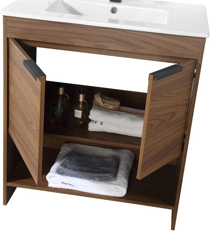 Phoenix 30 Inch Bathroom Vanity with Sink – Modern Design, Soft-Close Doors, Storage Drawers, Durable Build – Walnut Vanity for Small Bathrooms (Full Assembly Required)