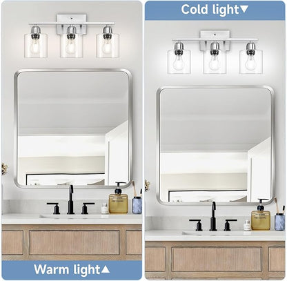 Modern Brushed Nickel 3 Light Bathroom Light Fixtures,19 inch Vanity Lights for Bathroom with Clear Glass Over Mirror for Mirror Kitchen Living Room