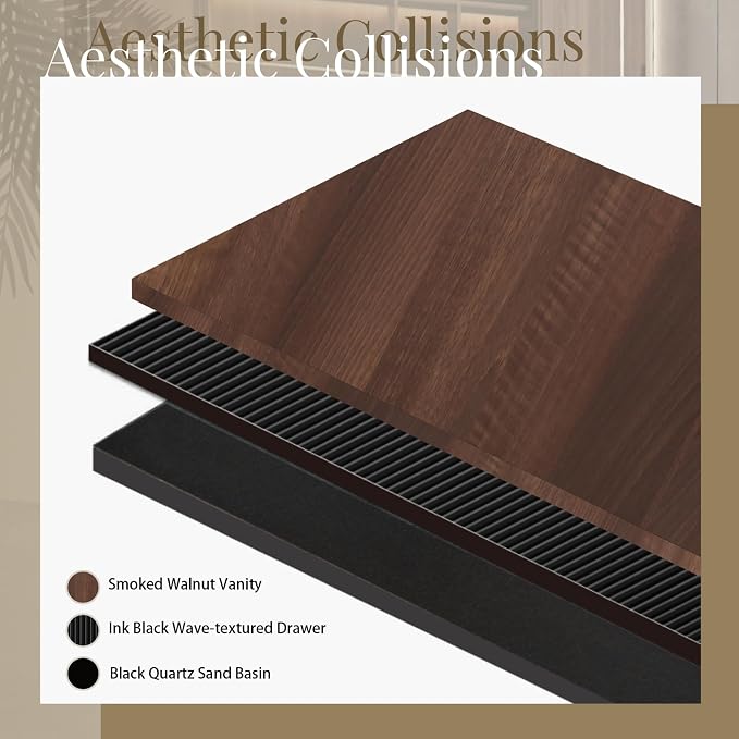 30" Floating Bathroom Vanity with Sink, Wall-Mounted Smoked Walnut Storage Cabinet, Wave-Textured Soft-Close Drawer & Matte Black Quartz Sand Basin