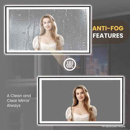 LOAAO 72"X40" LED Bathroom Mirror Black Framed | Anti-Fog, Dimmable, Memory Function, Tempered Glass, Lighted Vanity Mirror for Wall