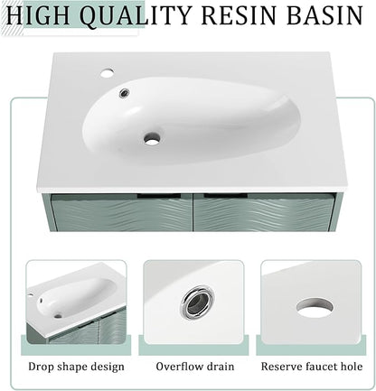 SSLine Modern 30" Floating Bathroom Vanity with Sink Wall Mounted Bathroom Vanity with Top Basin & Storage Cabinet 30-Inch Green Wave Bath Vanity w/Drop-Shaped Resin Sink for Small Space