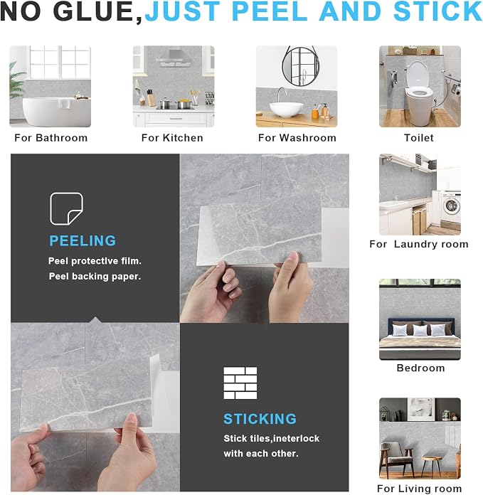 URCOLOR 64-Piece Peel and Stick Backsplash Wall Tile, 4"x 8" PVC Glossy Gray Marble Stick on Subway Tiles for Kitchen, Bathroom, Laundry Room, Camper, Fireplace