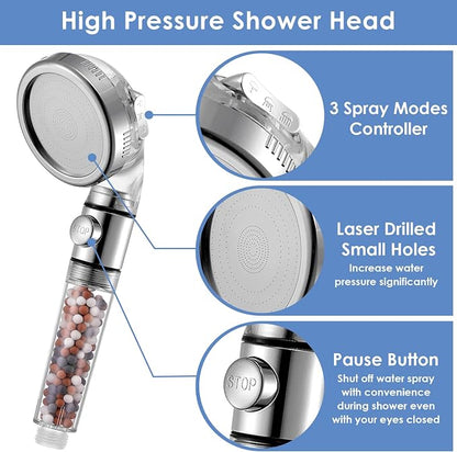 Vacto High Pressure Handheld Shower Head with Filter, Shower Head Kits with Hose and Bracket, Hard Water Softener Water Purifying Filtered Showerheads with Filter Beads