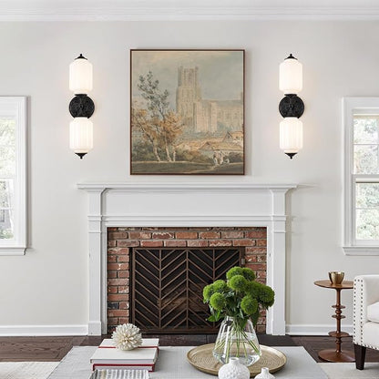 Vintage Milk Glass Bathroom Vanity Light, 2-Light Vintage Wall Sconce with Antique Brass Finish Base & White Glass Shad, Wall Sconce Lighting for Mirror, Living Room, Gallery (Bulbs Included)