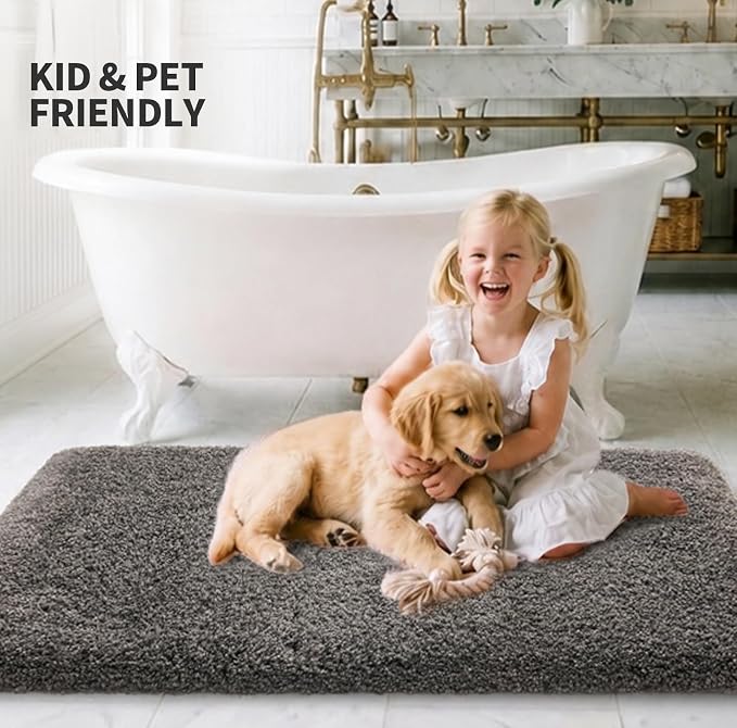 ILANGO Dark Gray Bathroom Rugs 30" × 20" Non Slip & Super Absorbent Extra Thick Soft, Washable Bath Mat for Floor, Microfiber Plush Shaggy Bath Rug with Rubber for Bathtub Shower Room Sink