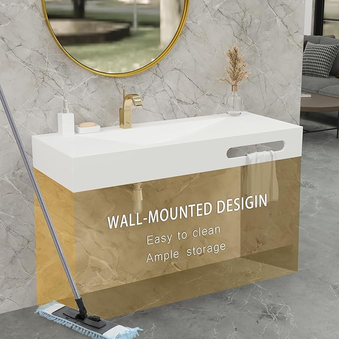 QJ&XY Resin Bathroom Sink 48" Wall Mounted V-Shaped White Basin with Towel Rack, Floating Vanity Sink in Soft-Touch Finish (Single Tier)