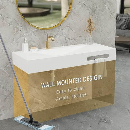 QJ&XY Resin Bathroom Sink 48" Wall Mounted V-Shaped White Basin with Towel Rack, Floating Vanity Sink in Soft-Touch Finish (Single Tier)
