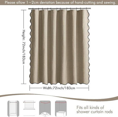 MIULEE Khaki Scalloped Linen Shower Curtain 72x72 Inches | Linen Textured, Waterproof, Washable, 12 Metal Hooks, Heavy Duty Cloth, Black Border, Shower Curtain for Bathroom Bathtub