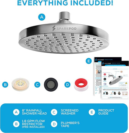 SparkPod Rain Shower Head, 8 Inch Round, Luxury Polished Chrome Finish | High Pressure Shower Heads, 90 Nozzles, Adjustable Showerhead, No Tools Needed, Universal Connection