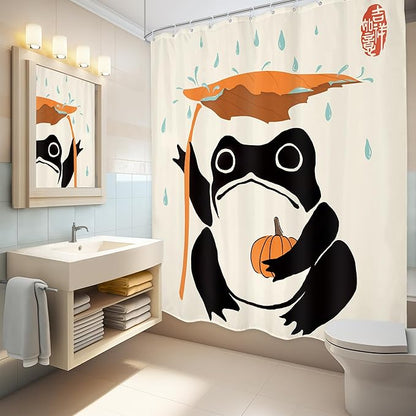 LGhtyro Funny Frog Shower Curtain Bathroom Set 60Wx71H Inches Pumpkin Asian Traditional Art Japanese Cute Animal Taking Maple Leaves Rain Bath Accessories Lovely Art Home Decor Fabric 12 Pack Hooks