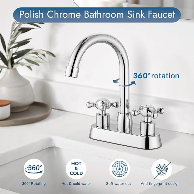 4 Inch Centerset Bathroom Faucets Double Cross Handle Bathroom Sink Faucet Deck Mounted Vintage RV Farmhouse Vanity Basin Mixer Tap with Pop up Drain,Polish Chrome