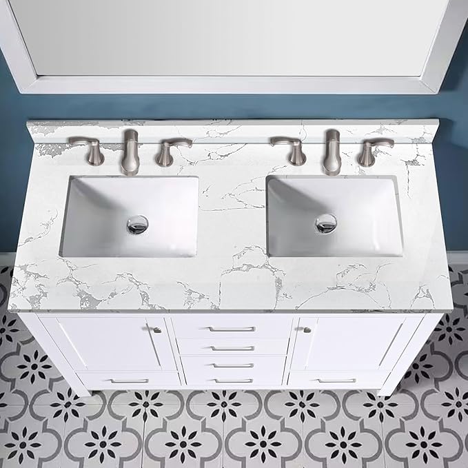 48"x22" Vanity Top with Sink, Engineered Stone Vanity Top with Rectangular Undermount Ceramic Double Sink, 8 Inch Faucet Hole Spacing with Backsplash Countertops for Bathroom