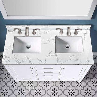 48"x22" Vanity Top with Sink, Engineered Stone Vanity Top with Rectangular Undermount Ceramic Double Sink, 8 Inch Faucet Hole Spacing with Backsplash Countertops for Bathroom
