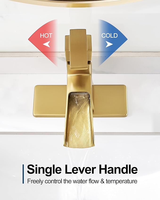 Brass Waterfall Faucet, Brushed Gold Bathroom Faucet, Single Handle for One Hole or 3 Holes 4 Inch with Pop-Up Drain, Pre-Installed Supply Hoses and Deck Plate for Vanity RV Farmhouse Modern