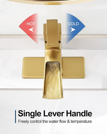 Brass Waterfall Faucet, Brushed Gold Bathroom Faucet, Single Handle for One Hole or 3 Holes 4 Inch with Pop-Up Drain, Pre-Installed Supply Hoses and Deck Plate for Vanity RV Farmhouse Modern