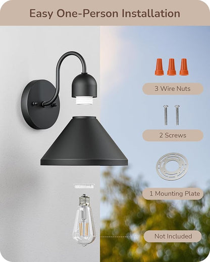 EDISHINE 2 Pack Outdoor Wall Light, 8IN Gooseneck Barn Light Fixture, Farmhouse Outside Wall Sconce, Black Matte Wall Mount Lantern for Porch, Entryway, Garage