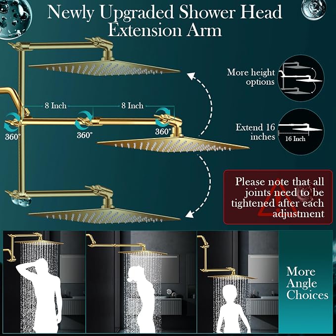 12'' Gold Rain Shower Head with 16” Extension Arm and 5 Setting Handheld | High Pressure Rainfall Shower Head with Flexible Adjustable Height and Angle Arm,Stainless Steel and Anti-leak