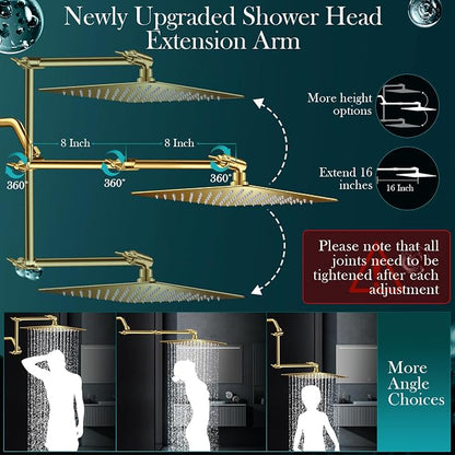 12'' Gold Rain Shower Head with 16” Extension Arm and 5 Setting Handheld | High Pressure Rainfall Shower Head with Flexible Adjustable Height and Angle Arm,Stainless Steel and Anti-leak