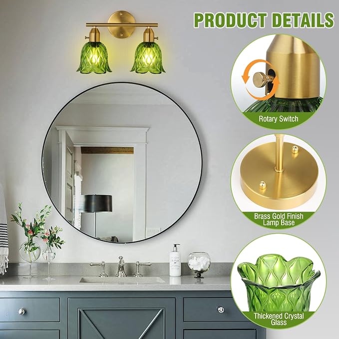 Vintage Bathroom Light Fixtures，2-Light Hardwired Vanity Lights Over Mirror, Brass Wall Sconces with Green Tulip Glass Shade for Bathroom Stairway Bedroom Living Room(Bulbs Not Included,E26 Socket)