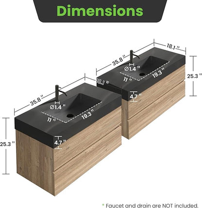 72" Floating Bathroom Vanity with Sink Combo, Modern Floating Double Sink Bathroom Vanity with Black Engineered Stone Tops & 4 Soft-Closing Drawers, Large Storage for Apartment, Hotel, Rough Oak